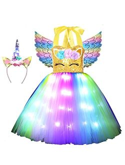 Soyoekbt Girls Unicorn Costume LED Light Up Unicorn Princess Dress Birthday Party Outfit Halloween Tutu Dress with Headband