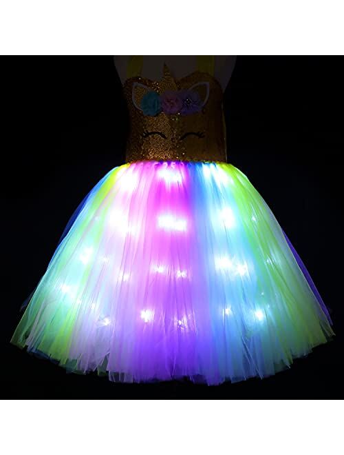 Soyoekbt Girls Unicorn Costume LED Light Up Unicorn Princess Dress Birthday Party Outfit Halloween Tutu Dress with Headband