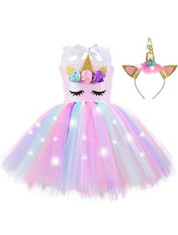 Zerostage Sequin Unicorn Lighted Dress for Girls with Headband Birthday Halloween Christmas Party Outfits Dance Princess Tutu Costumes