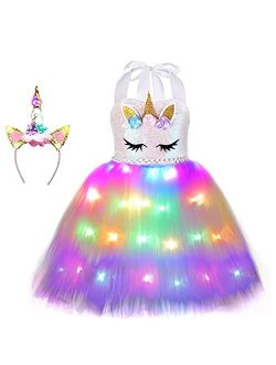 Soyoekbt Girls Unicorn Costume LED Light Up Princess Tutu Dress with Unicorn Headband for Halloween Birthday Party 3-8 Years