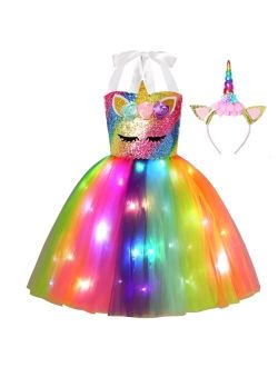 Gigoitly Unicorn Dress for Girls Sequin Unicorn Costume with LED Lights for Halloween Birthday Party Decorations