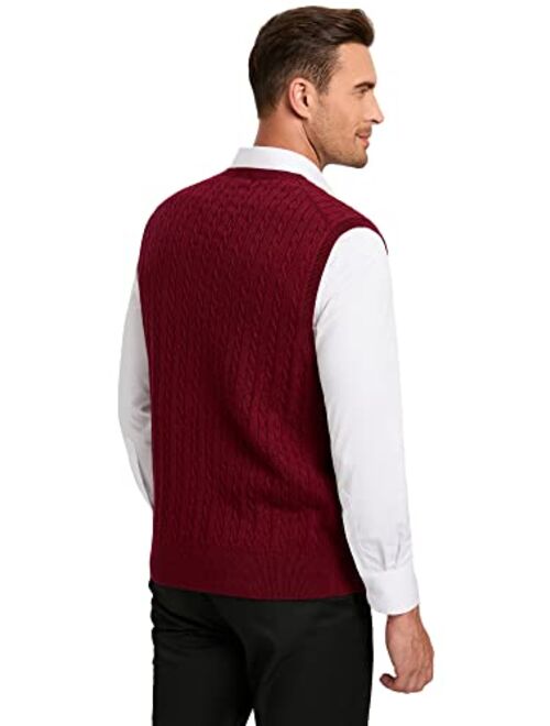 Kallspin Mens Cashmere Wool Blended Cable Knit Sweater Vest V Neck Relaxed Fit Sleeveless Pullovers