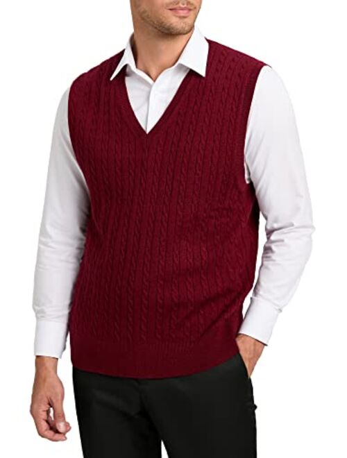 Kallspin Mens Cashmere Wool Blended Cable Knit Sweater Vest V Neck Relaxed Fit Sleeveless Pullovers