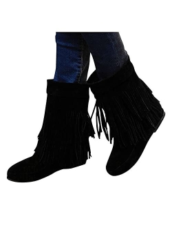 Fragarn Womens Cowboy Boots,Tassel Bootie Fringe Hidden Wedge Heel Ankle Boots Cowgirl Round Boots