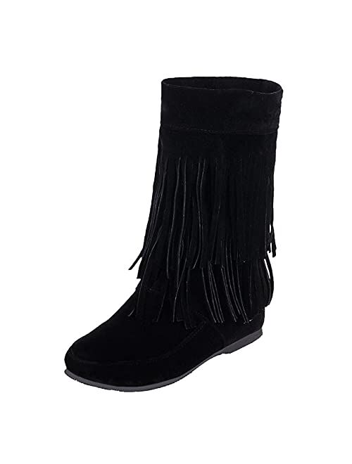 Fragarn Womens Cowboy Boots,Tassel Bootie Fringe Hidden Wedge Heel Ankle Boots Cowgirl Round Boots