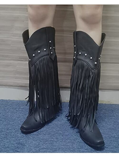 NueiVeiuo Women Fringe Boots Western Cowgirl Boots Block Heel Vintage Knee High Boots