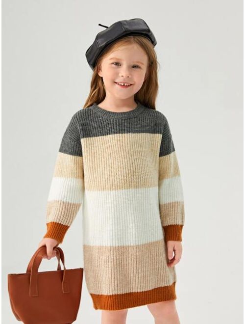 SHEIN Toddler Girls Color Block Drop Shoulder Sweater Dress