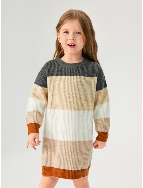 SHEIN Toddler Girls Color Block Drop Shoulder Sweater Dress