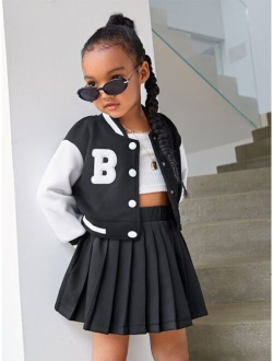 Toddler Girls Letter Patched Striped Trim Drop Shoulder Bomber Jacket & Pleated Skirt