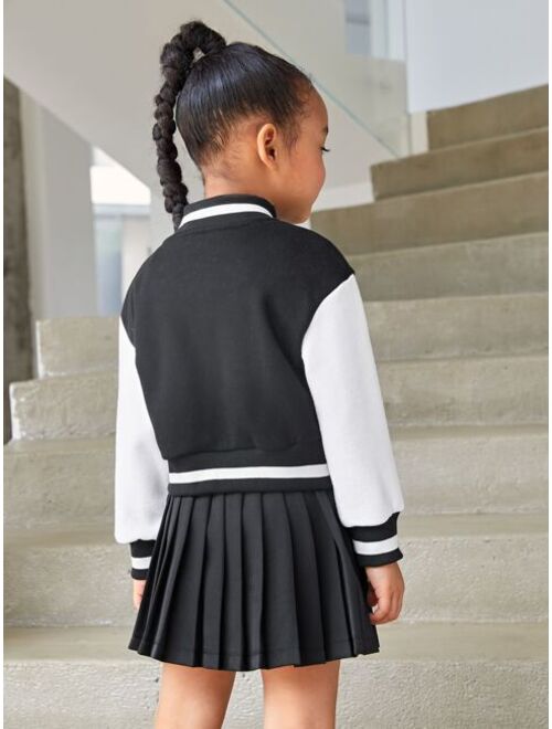 Shein Toddler Girls Letter Patched Striped Trim Drop Shoulder Bomber Jacket & Pleated Skirt