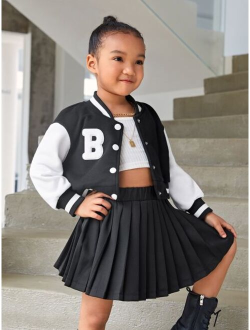 Shein Toddler Girls Letter Patched Striped Trim Drop Shoulder Bomber Jacket & Pleated Skirt