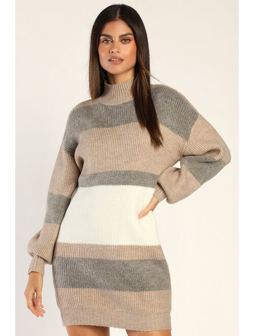 Lulus Casually Comfy Taupe Multi Striped Mock Neck Sweater Dress