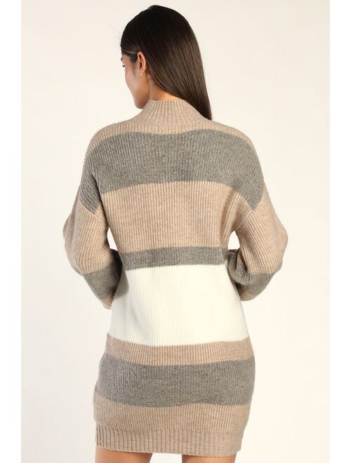 Lulus Casually Comfy Taupe Multi Striped Mock Neck Sweater Dress