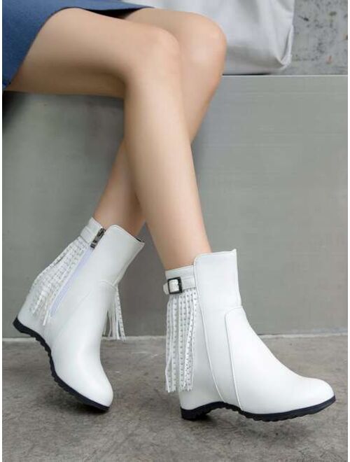 Shein Studded & Fringe Decor Zipper Side Wedge Boots