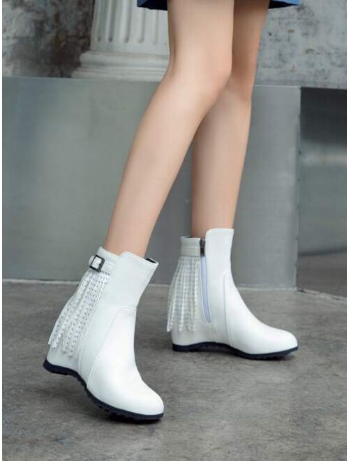 Shein Studded & Fringe Decor Zipper Side Wedge Boots
