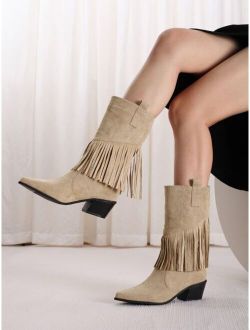 Fringe Decor Heeled Faux Suede Western Boots