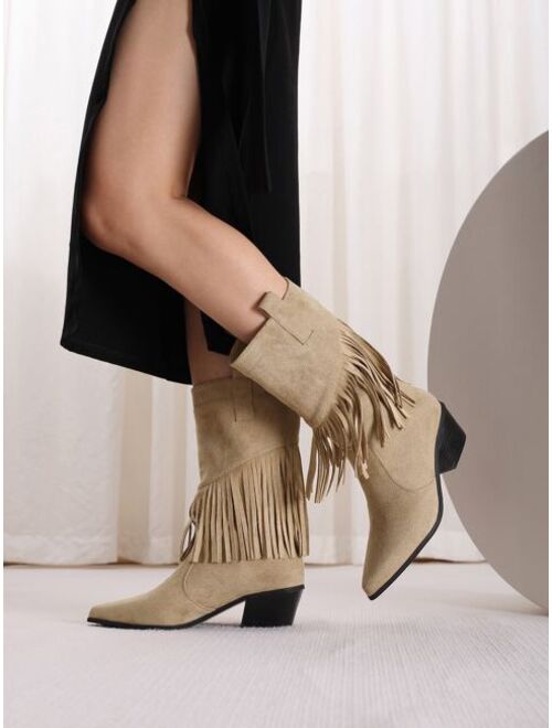 Shein Fringe Decor Heeled Faux Suede Western Boots