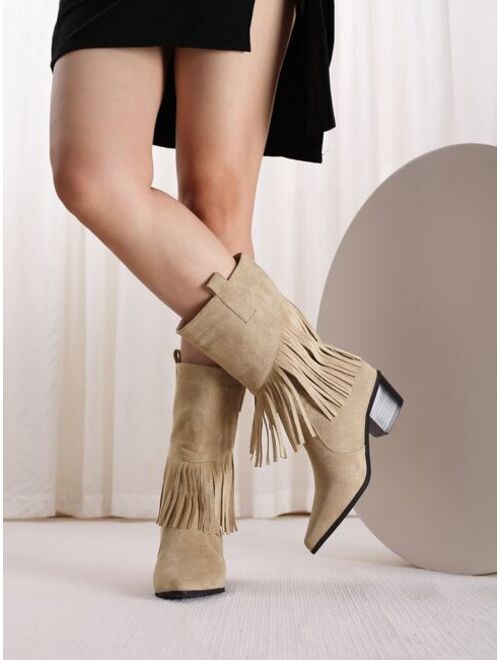 Shein Fringe Decor Heeled Faux Suede Western Boots
