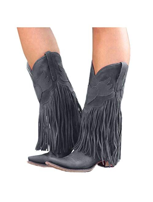 NOLDARES Cowboy Boots for Womens Tassel Fringe Winter Warm Cowgirl Boots Low Heel Pointed Toe Fashion Wedge Boots