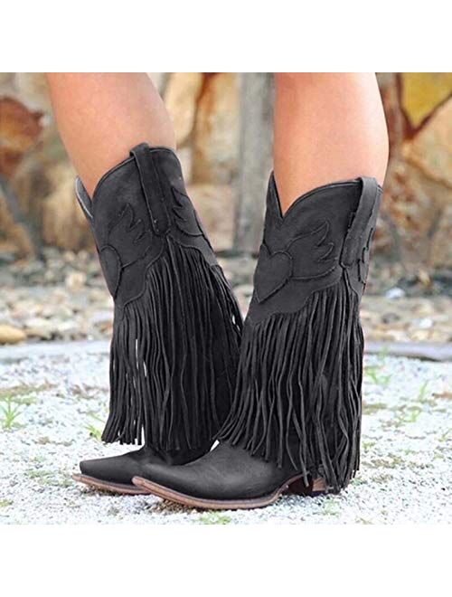 NOLDARES Cowboy Boots for Womens Tassel Fringe Winter Warm Cowgirl Boots Low Heel Pointed Toe Fashion Wedge Boots