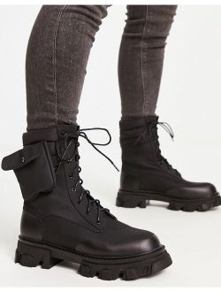 gable lace up boots with removable pocket in black