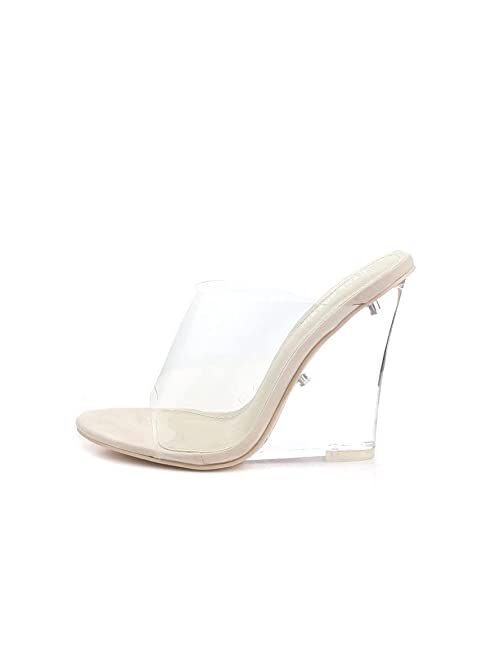 Cape Robbin Lemonade Clear Chunky Block Wedge Heels for Women, Transparent Open Toe Shoes Heels for Women