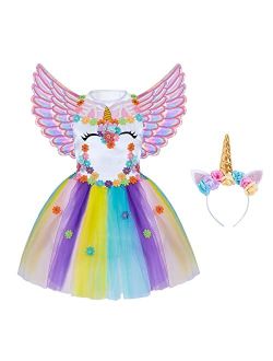 Unicorn Princess Pageant Flower Girl Tutu Dress Rainbow Skirt with Headband and wings for Kids