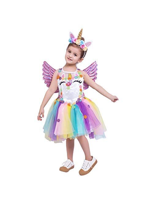 Spooktacular Creations Unicorn Princess Pageant Flower Girl Tutu Dress Rainbow Skirt with Headband and wings for Kids