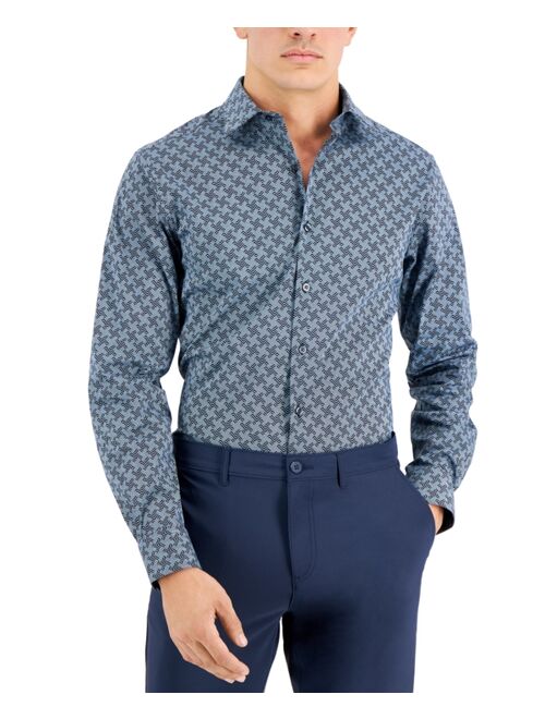ALFANI Men's Slim Fit 2-Way Stretch Stain Resistant Houndbone Geo Dress Shirt, Created for Macy's
