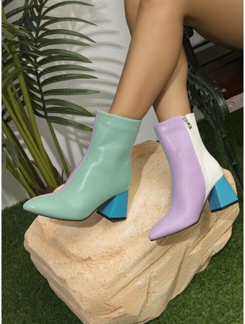 Shein Color Block Zip Side Chunky Heeled Boots
