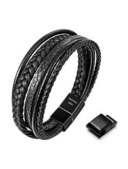 Speroto Mens Bracelet, Adjustable Mens Leather Bracelet with Stainless Steel Magnetic Clasp, Multi-Layer Braided Genuine Leather Bracelet for Men