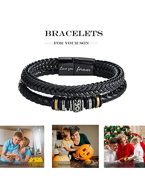 Bgyvnu To My Son/To My Grandson Bracelet- "I Will Always Be With You" Braided Leather Bracelet for Men Boys, Stainless Steel Inspirational Wristband Gifts for Him