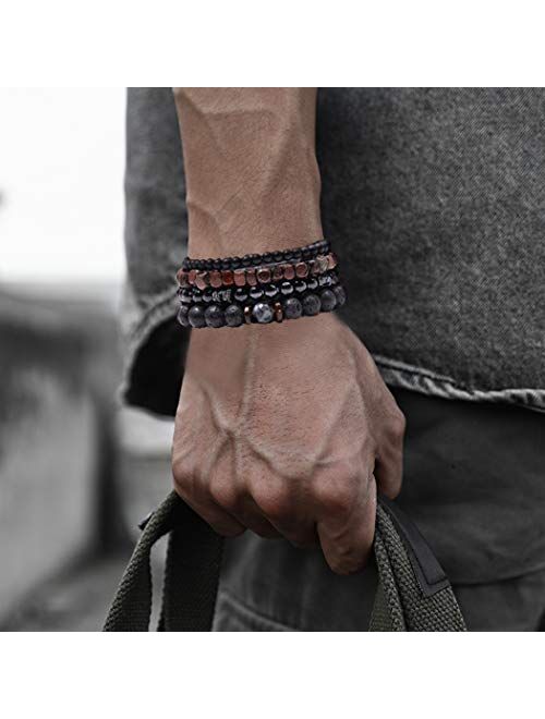 WAINIS Braided Leather Bracelets for Men Women Wrap Tiger Eye Lava Rock Beads Bracelet Woven Ethnic Tribal Rope Wristbands Bracelets Set Adjustable