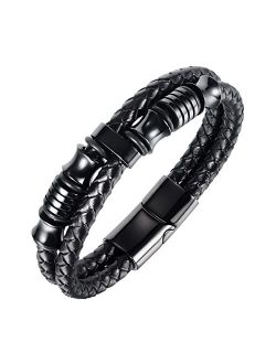 Feraco Men Leather Bracelet With Magnetic Clasp Double-Row Black Multilayer Leather Braided Cuff Wrap Wristbands, 8.66inch