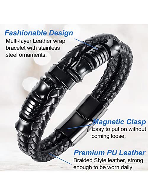 Feraco Men Leather Bracelet With Magnetic Clasp Double-Row Black Multilayer Leather Braided Cuff Wrap Wristbands, 8.66inch