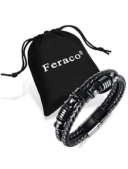 Feraco Men Leather Bracelet With Magnetic Clasp Double-Row Black Multilayer Leather Braided Cuff Wrap Wristbands, 8.66inch