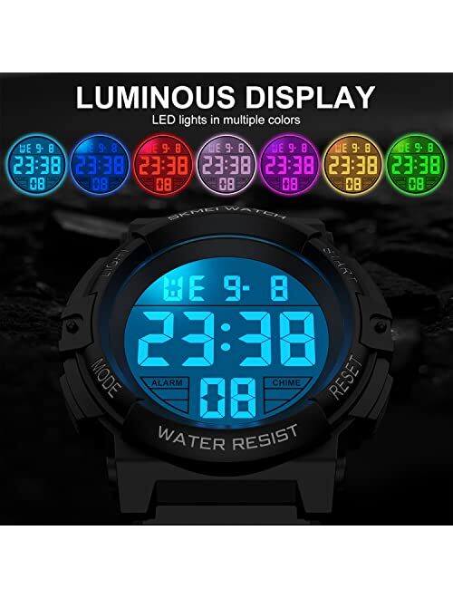 Woodcat Kids Digital Watch,Sports Waterproof Watches for Boys 7 Colorful Led Casual Electronic Multifunctional Chronograph Wristwatch with Calendar Alarm Stopwatch