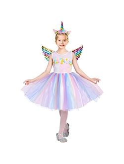 Twister.Ck Princess Unicorn Dress Costume for Little Girls Dress Up Outfit with Unicorn Headband and Rainbow Wings for Birthday Party