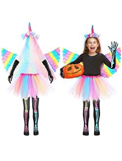 Jiuguva 5 Pcs Halloween Zombie Unicorn Costumes Suit for Girls, Including Rainbow Tutu Skirt, Rainbow Wings, Unicorn Headband, Skeleton Gloves, Skeleton Hosiery for Hallo