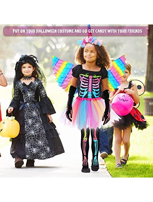 Jiuguva 5 Pcs Halloween Zombie Unicorn Costumes Suit for Girls, Including Rainbow Tutu Skirt, Rainbow Wings, Unicorn Headband, Skeleton Gloves, Skeleton Hosiery for Hallo