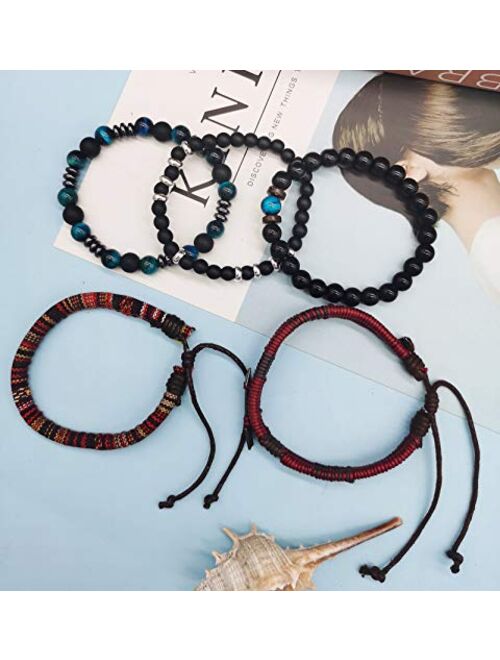 CASDAN 4-5 Pcs Leather Woven Braided Bracelet for Men Women Wrap Cuff Bracelets Linen Hemp Cords Wood Beads Ethnic Tribal Wristband Adjustable