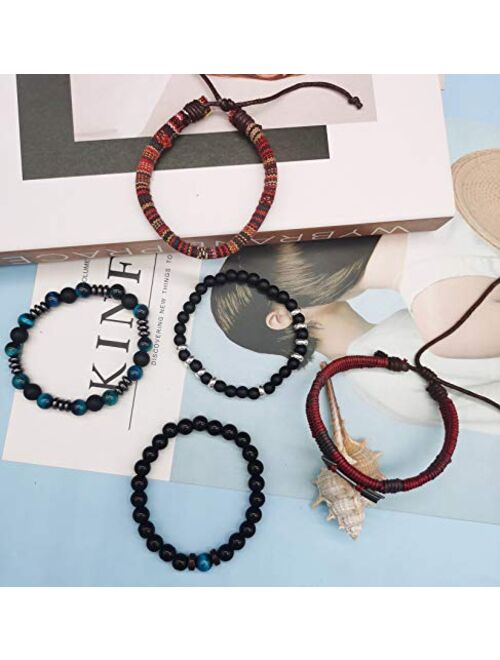 CASDAN 4-5 Pcs Leather Woven Braided Bracelet for Men Women Wrap Cuff Bracelets Linen Hemp Cords Wood Beads Ethnic Tribal Wristband Adjustable