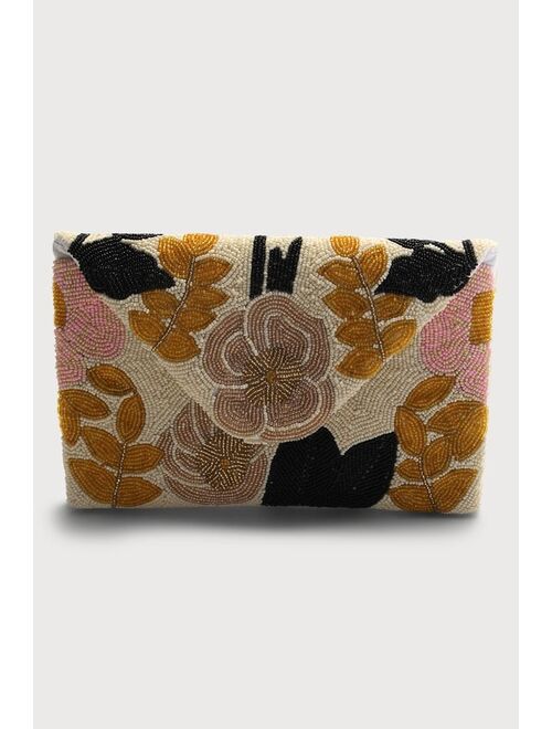 Lulus Floral Vision Ivory Floral Beaded Clutch