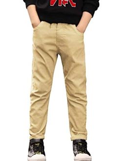 B.Ycr Boys' Elastic Waistband Slim Fit Jogging School Pants for Kids Size 4-16 Flat Waist