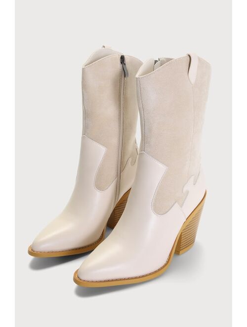 Lulus Hanxy Cream Suede Pointed-Toe Mid-Calf Boots