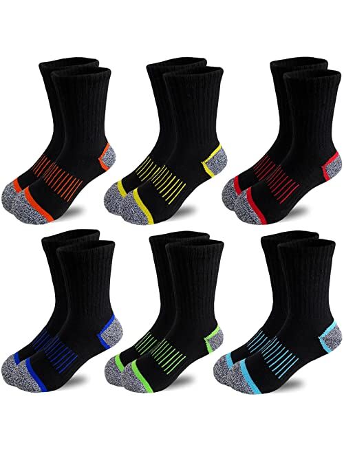 Jamegio 6 Pairs Boys' Cotton Crew Socks,Socks for Boys Age 3-10,Comfortable Stretch Cushioned Athletic Socks