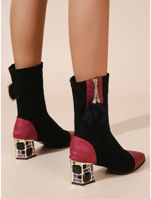 Shein Two Tone Pom Pom Decor Zip Side Boots