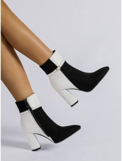 Geometric Embossed Two Tone Point Toe Chunky Heeled Classic Boots