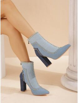 Studded Decor Denim Two Tone Zip Back Boots