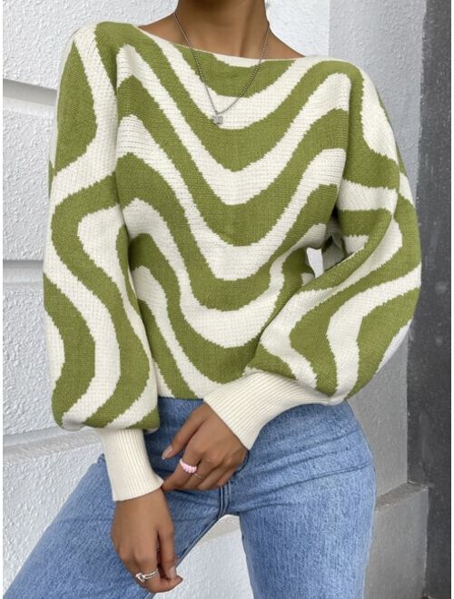 Shein Wave Stripe Pattern Lantern Sleeve Sweater